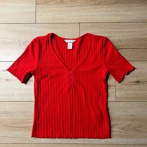 H&M Red Ribbed Lettuce Trim Fitted TSHIRT